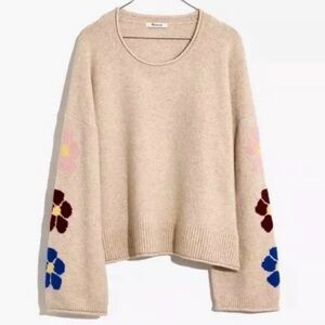 Madewell Belmore Floral-Sleeve Pullover Sweater in Coziest Textured Yarn
